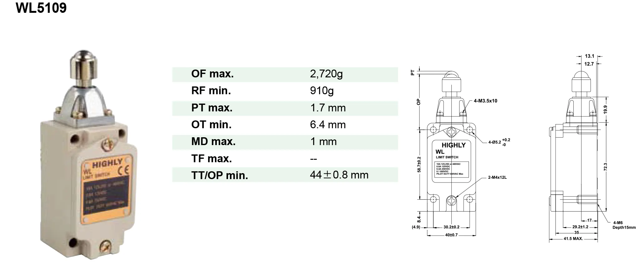 IP65 보호 기능을 갖춘 고정밀 리미트 스위치 WL-5109 CE TUV 인증 10A 250V 최대 전압