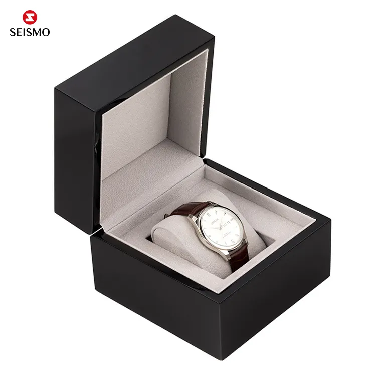 Caixa de relógio de madeira de luxo feita a mão personalizada, caixa de presente lacada com logotipo de inserção de espuma de travesseiro