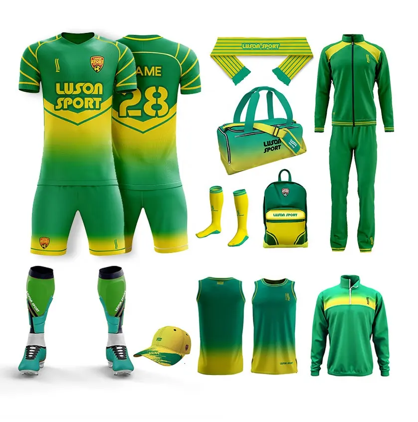 Luson Custom Made 100% poliestere manica corta maglia da calcio Set calcio abbigliamento sportivo Kit uniformi da calcio di colore giallo e verde