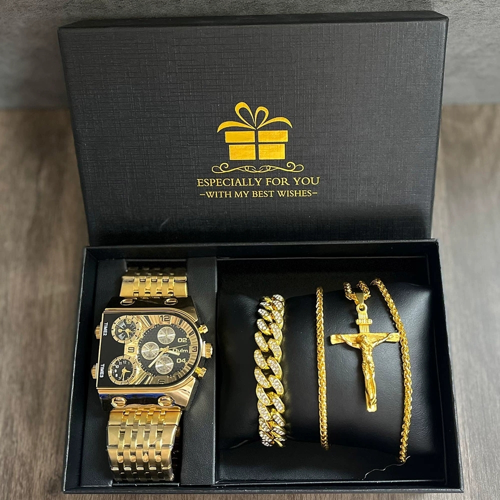 7 Oulm 9315 Black Gold Watch with Bracelet Necklace and Box