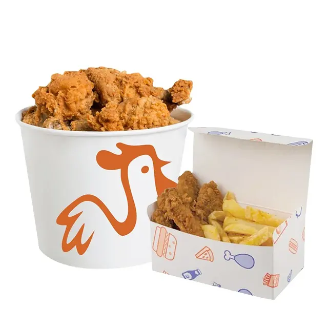 Balde ecológico personalizado para frango frito, tamanho grande, 64 onças, 150 onças, 170 onças, logotipo descartável, papel KFC, com tampa, ecológico