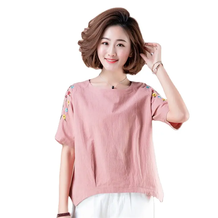 Blusa feminina bordada floral, camisa feminina manga curta linho algodão assimétrica vintage