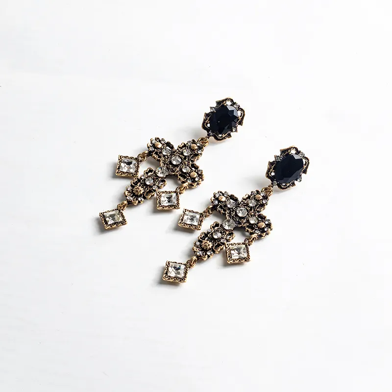 Exaggerated Cross Shaped Drop Earrings Retro Black White Rhinestone Crystal Cross Dangle Earrings Jewelry