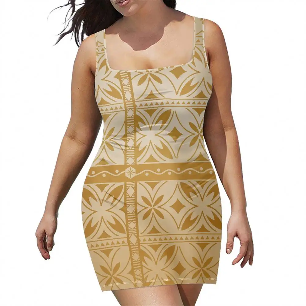 Personalizado Polynesian Tribal Samoan amarillo Tapa estampado mujeres Bodycon sin mangas Slip vestidos para damas Striptease caliente minifaldas