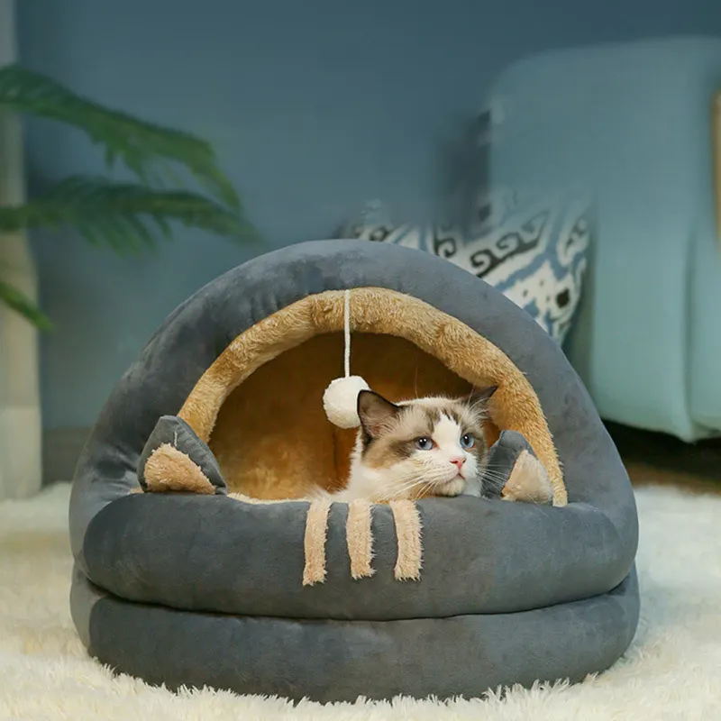 ที่นอนสัตว์เลี้ยงแบบกึ่งปิดล้อมถอดออกได้พร้อมลูกบอลของเล่นสำหรับแมวสุนัขขนาดเล็ก