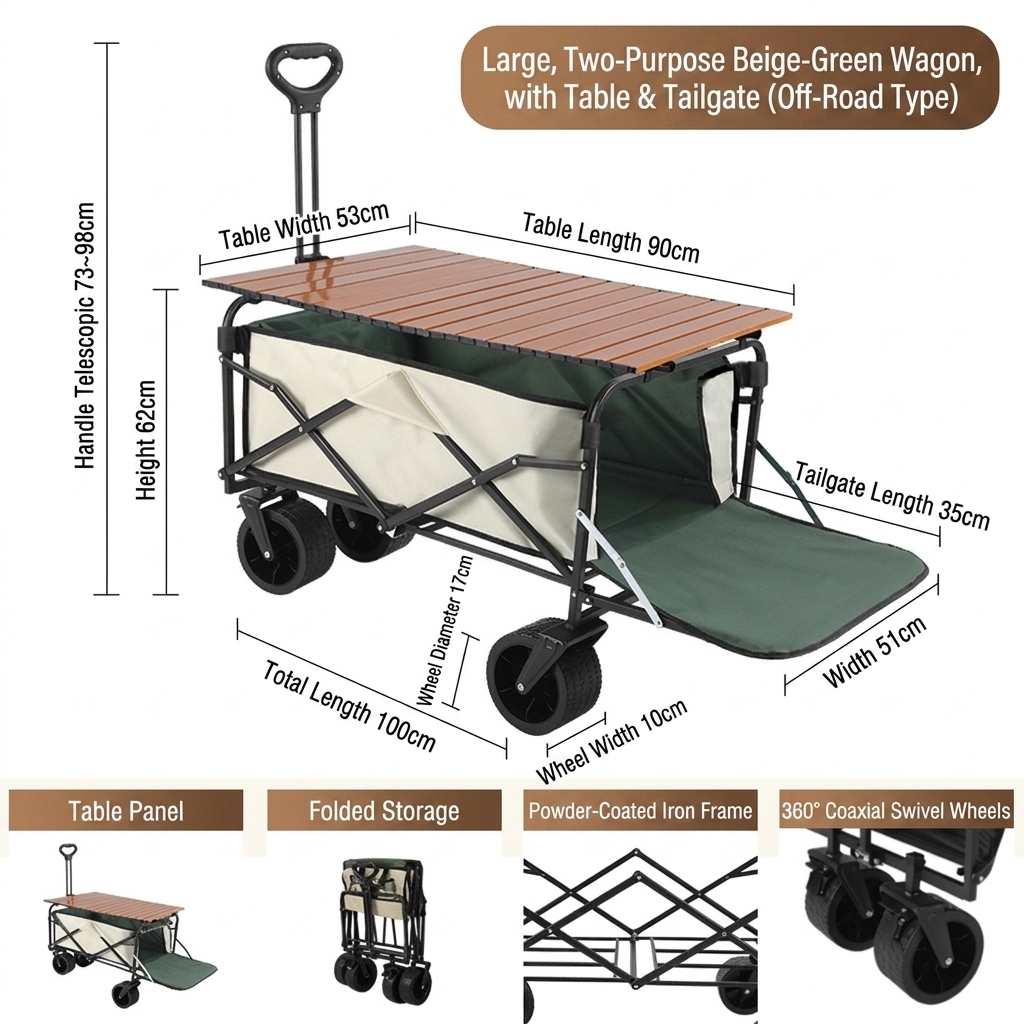 rice green, dual brakes, rear-folding, folding tabletop