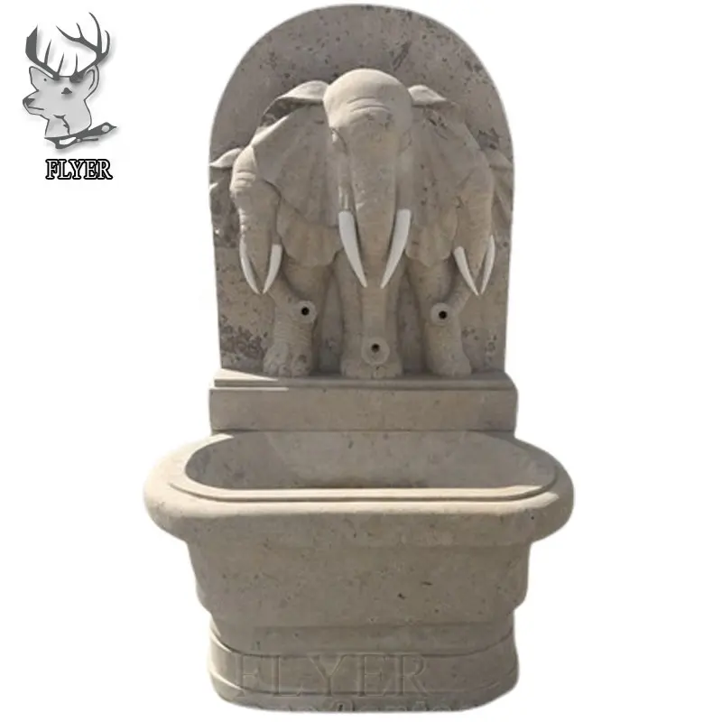 Decorazione per la casa esterna su misura animale moderno elefante statua scolpita fontana di acqua in marmo Beige fontana da parete