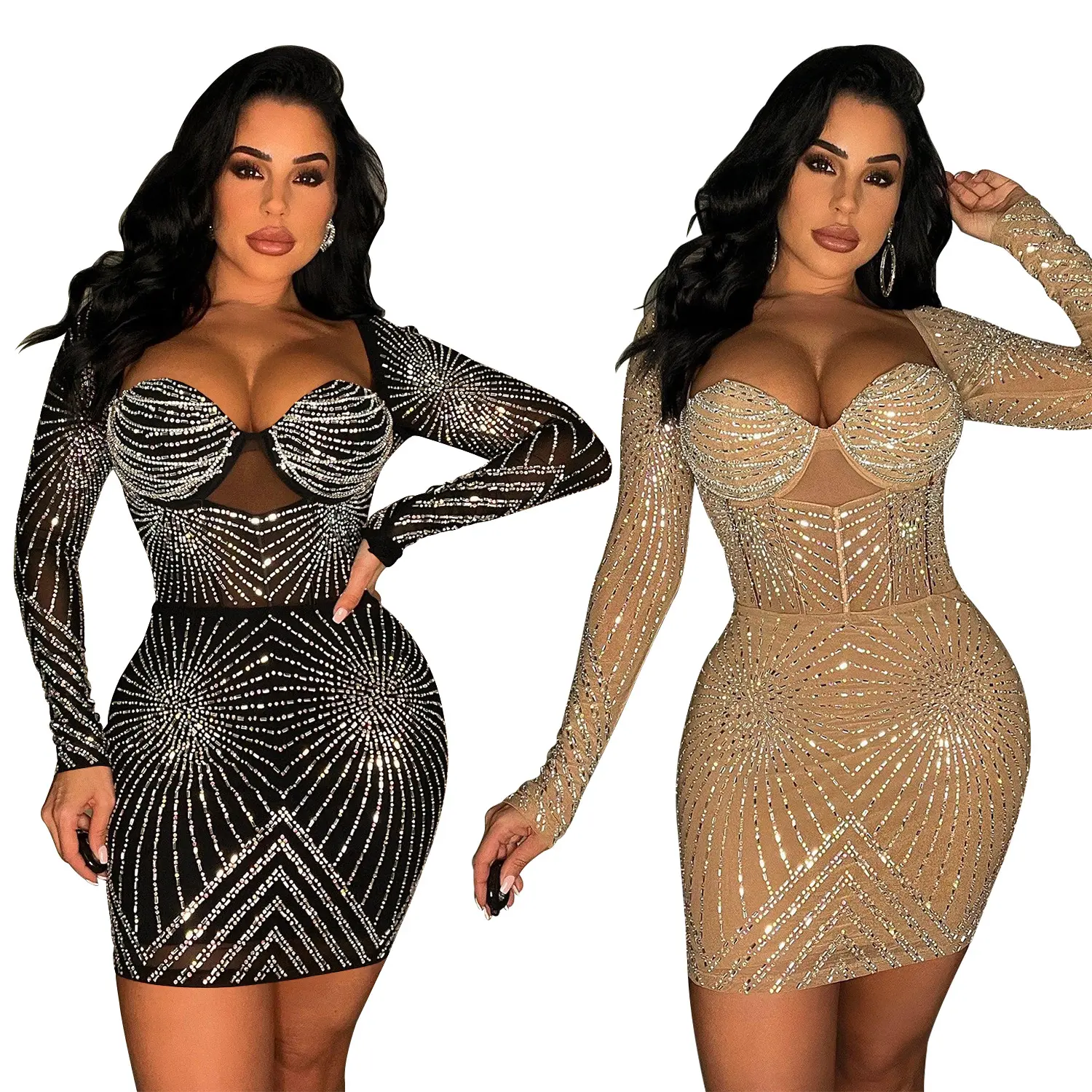 CX6243 Glitter süslenmiş uzun kollu Rhinestone kulübü elbise saydam ck Bodycon parti elbiseler Lady