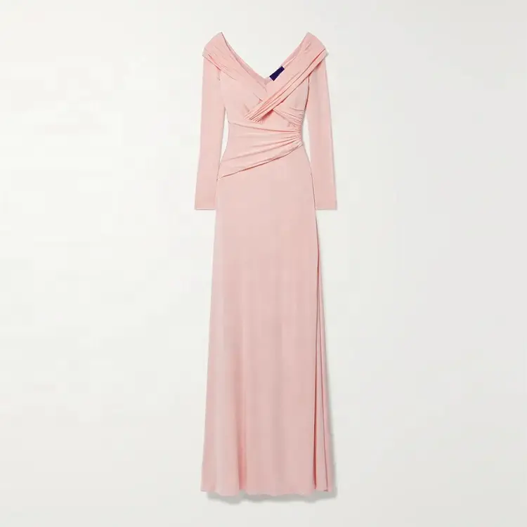 Clothing manufacturer custom spring autumn V neck long sleeves pink dresses women lady elegant