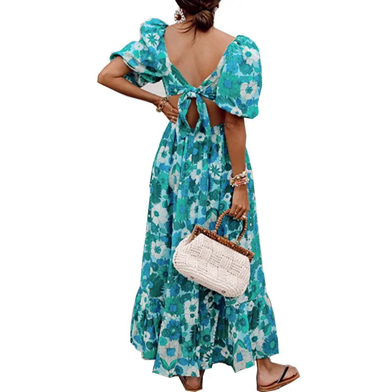 Benutzer definierte Frauen Puff ärmel rücken freies Maxi kleid Boho Blumen druck Split Blue Sun dress Elegantes Party Beach Damen kleid