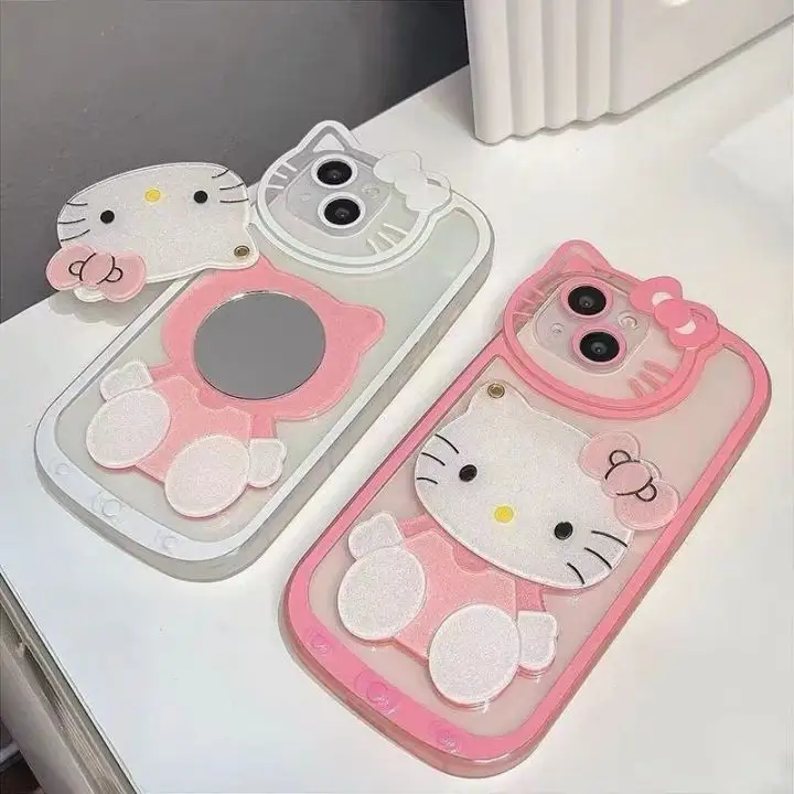 Lindo diseño de maquillaje de dibujos animados 3D Kitty Cat Mirror Mobile Pone Case para iPhone 15 14 13 12 11 pro Max XS XR 7 8 Plus