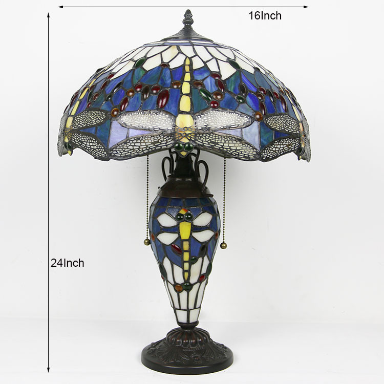 LongHuiJing 16Inch Tiffany-style Blue Dragonfly Table Lamp with Lighted Base
