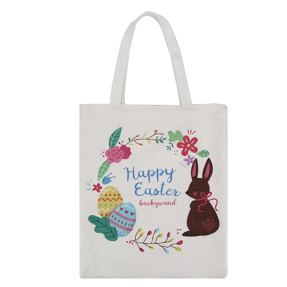 Happy Easter Printing Reusable Custom Printed Canvas Handle Bag Shoulder Fresh Literary Cotton Shopping Bag Packing Bag