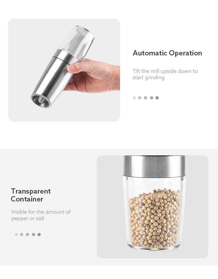 high quality portable customized stainless steel gravity salt grinder  pepper mill with LED light