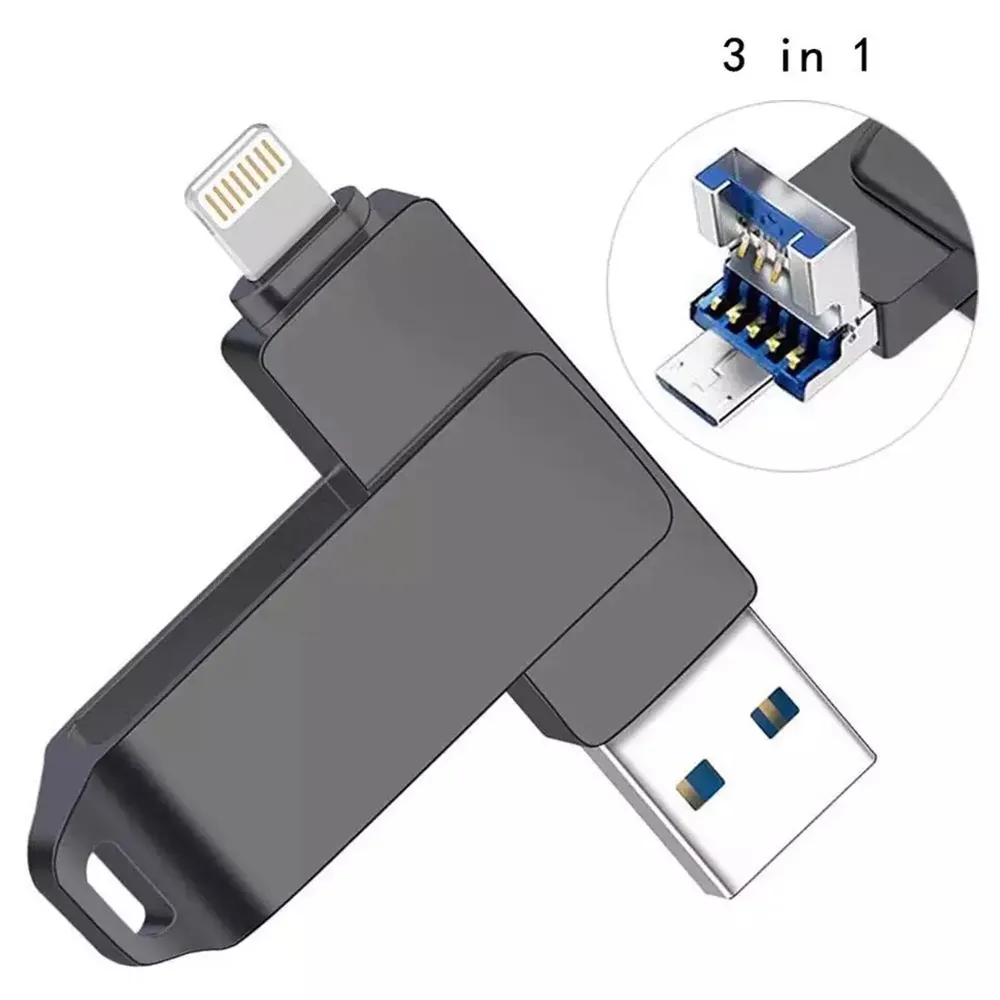 3 em 1 OTG de metal USB 3.0 Flash Drive Memory Stick 8GB-128GB Pendrive OTG Para iPhone android PC