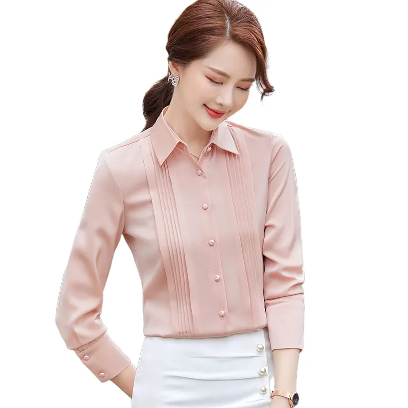 Camisa elegante slim para mulheres, camisa feminina de manga longa para escritório, rosa