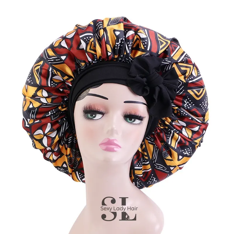 Gorro africano con estampado de Ankara con lazo, diadema ajustable, gorro de pelo satinado, gorro de dormir, turbante de seda suave