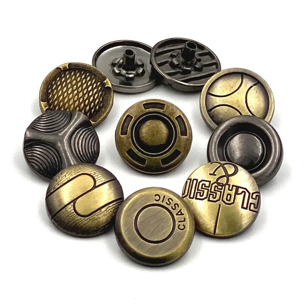 Joias de metal em plástico, 4 botões em latão, trava quadrada, botão de pressão