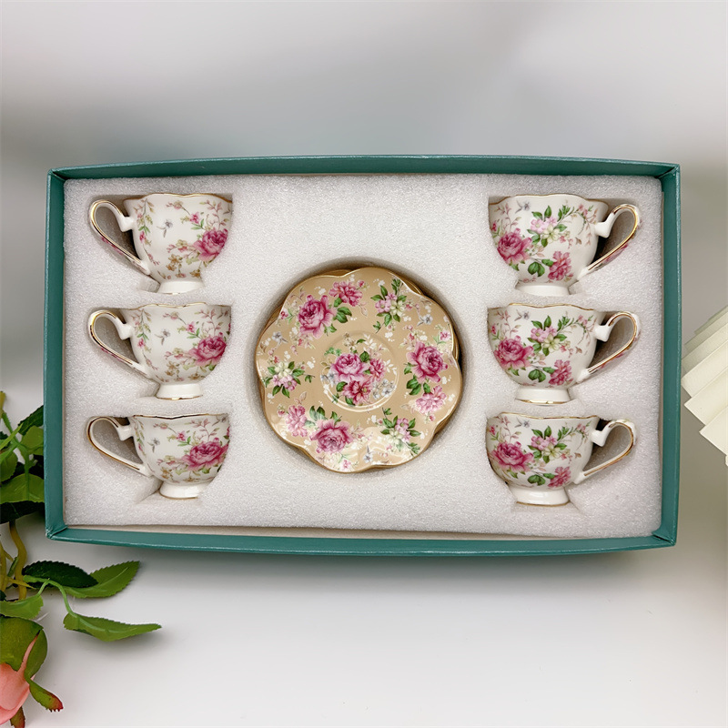 Pink Lotus small cup apricot plate-6 cups 6 plates