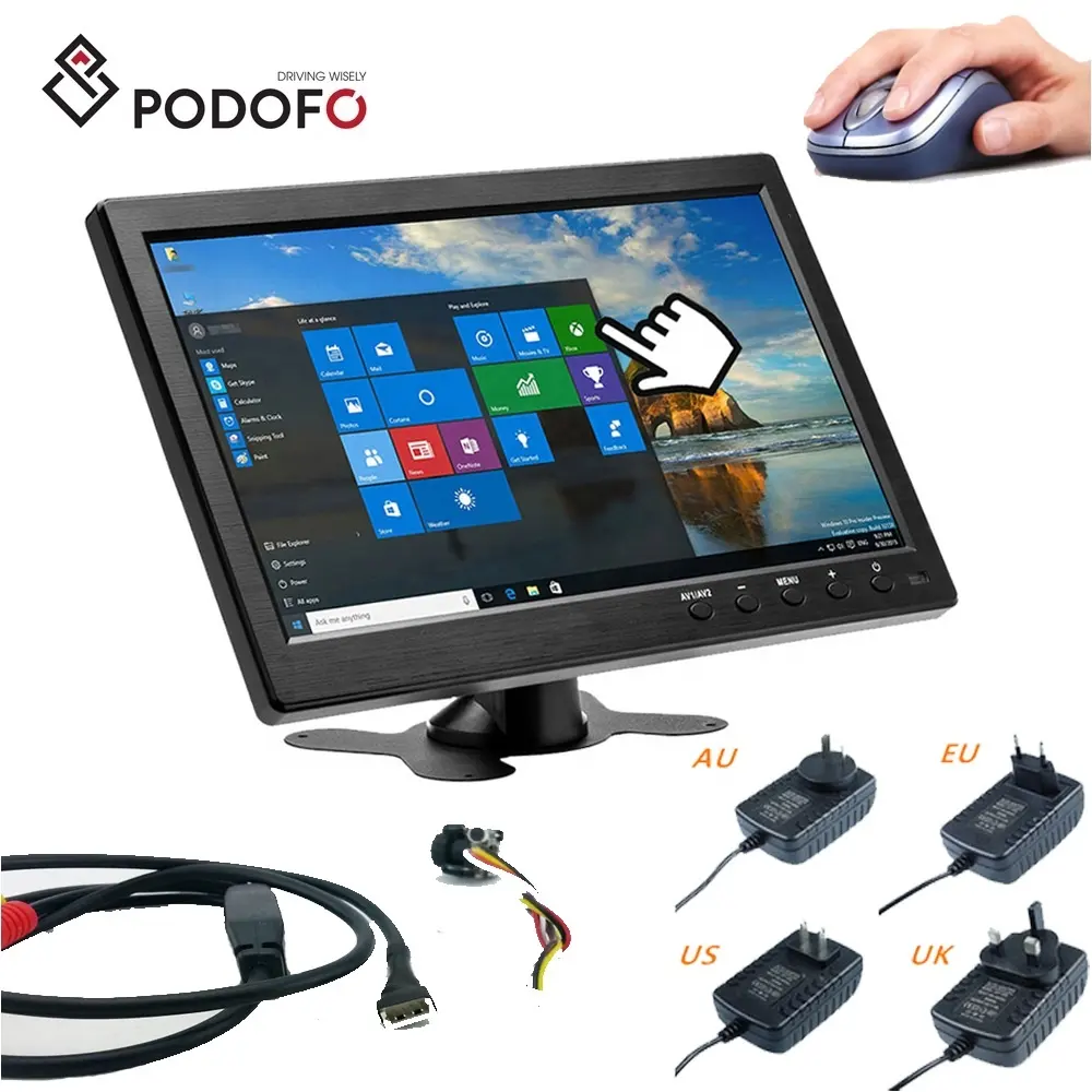 (EUA/UE/UK Stock) Podofo 10.1 "LCD HD Monitor Do Carro & Mini TV Computador Tela Colorida 2 Canais De Entrada De Vídeo Monitor De Segurança