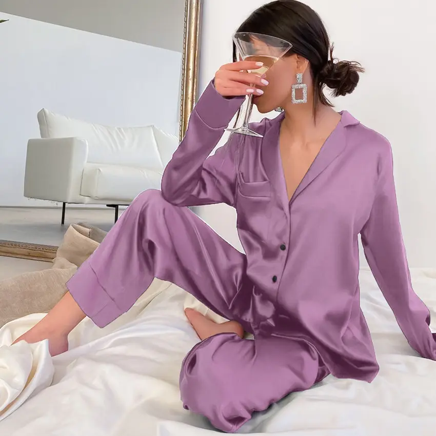 Conjunto de pijama de 2 piezas para mujer, ropa de dormir informal de manga larga con cuello vuelto, conjuntos de trajes para el hogar