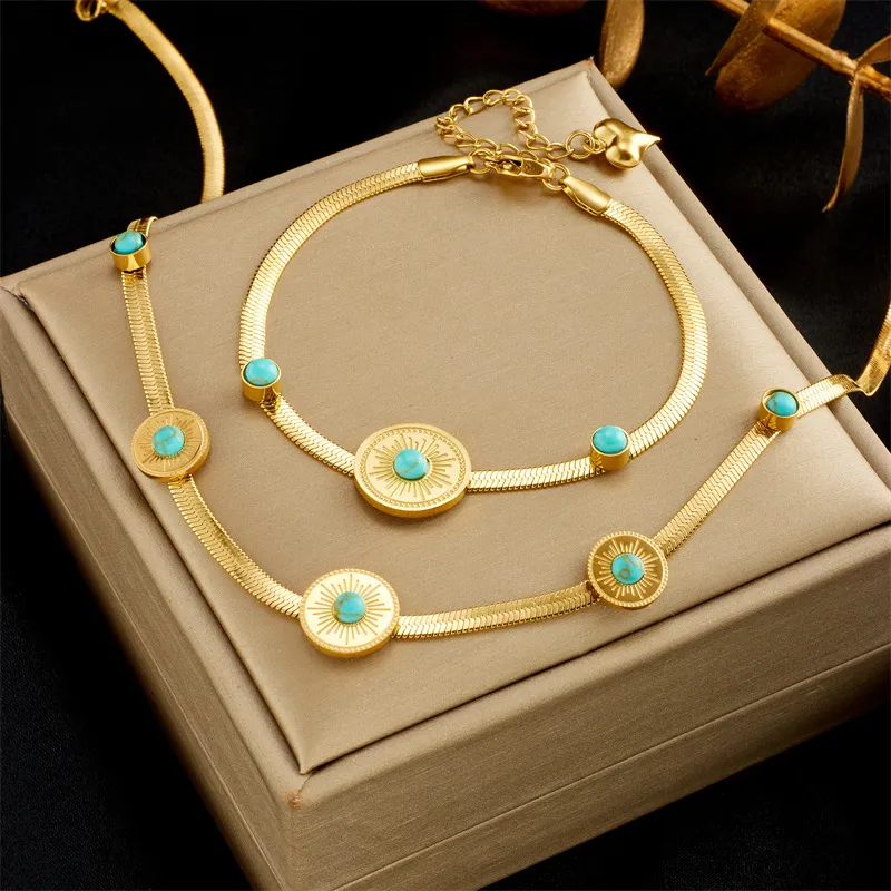 Conjunto de pulseiras de aço inoxidável para mulheres, joia banhada a ouro 18K vintage, venda direta por atacado, colar turquesa personalizada