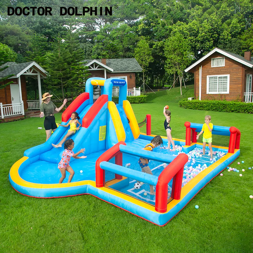 Escorregador inflável infantil de tecido pvc, jogo de futebol inflável com piscina, para crianças