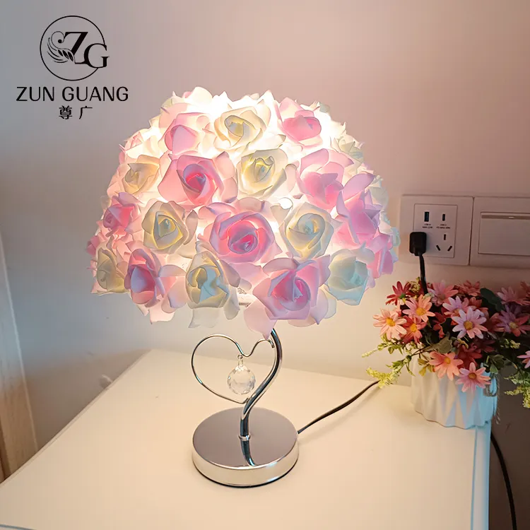 New Design Style Red Pink White Rose Flower Desk Night Home Indoor Bedside 3W LED Table Lamp