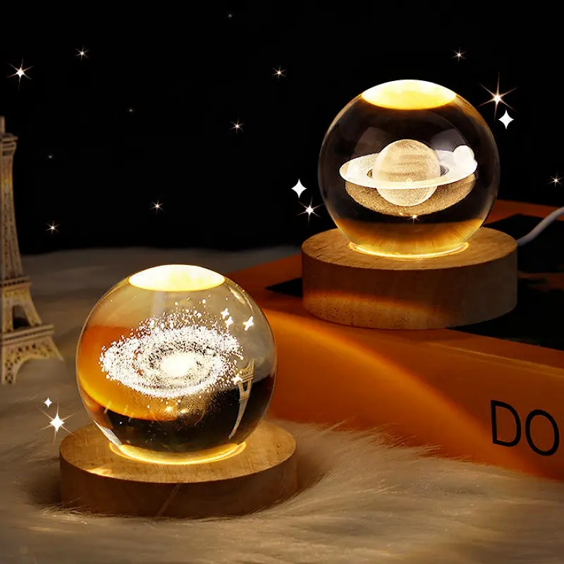 Kinscoter Base en Bois 3D Système Solaire Galactique Ambiant Unique Boule de Cristal Lumière Led Veilleuse Pour Cadeau