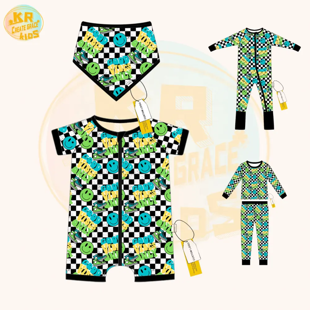 Pijama de una pieza de manga corta con estampado de sonrisa de tela de bambú personalizado al por mayor, ropa de dormir para bebé, Pelele con cremallera para niño y niña
