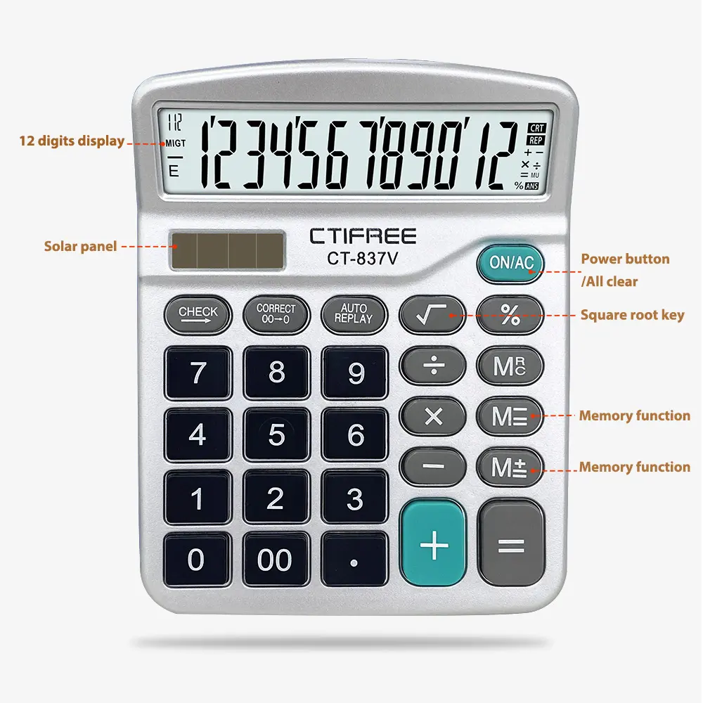 Fabrieksprijs Promotie Cadeau Calculator 12 Cijfers Lcd-Display Rubber Calculator Ct 837V Kleine Calculator Voor Zakelijk Kantoor