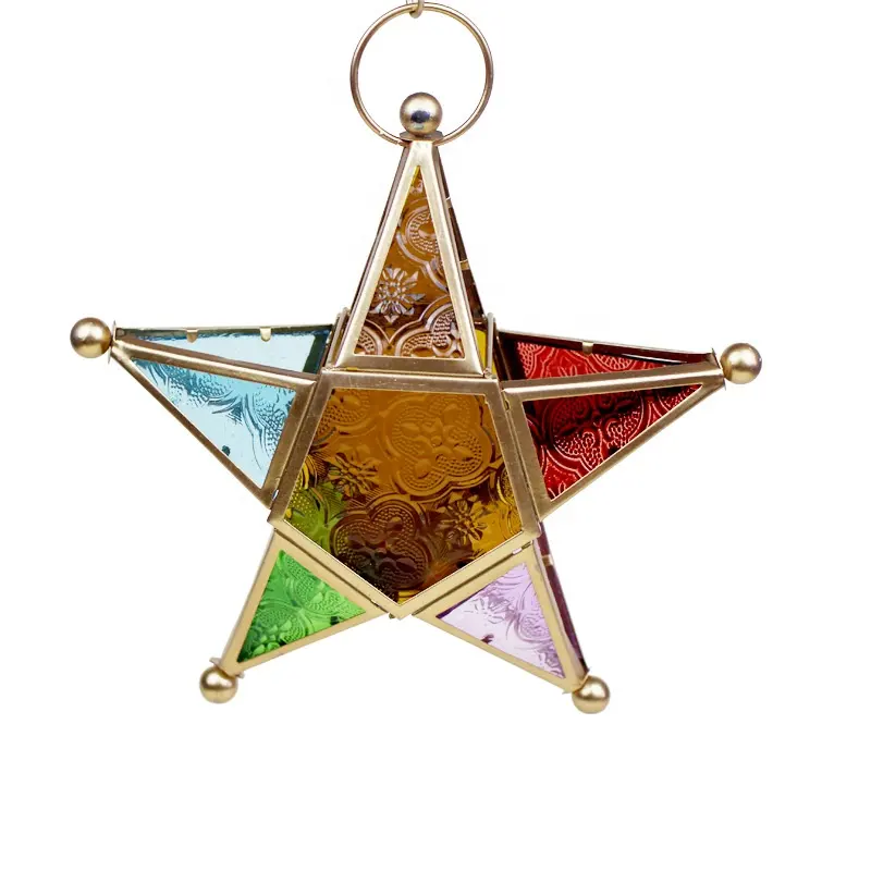Candelabro colgante de pared con farol de cristal de estrella de Metal marroquí para decoración de boda, fiesta, hogar, decoración, farol de estrella de cristal colorido