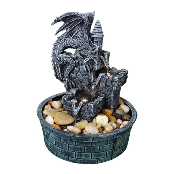 2018 polyresin dragón escultura fuente de agua