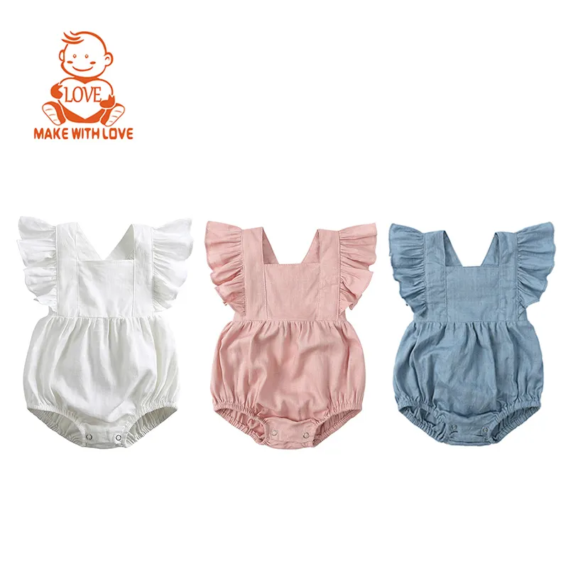 BEIBEIHAPPY Stock disponible línea algodón bebé niña mono volante manga Infantil Niño Color sólido mameluco