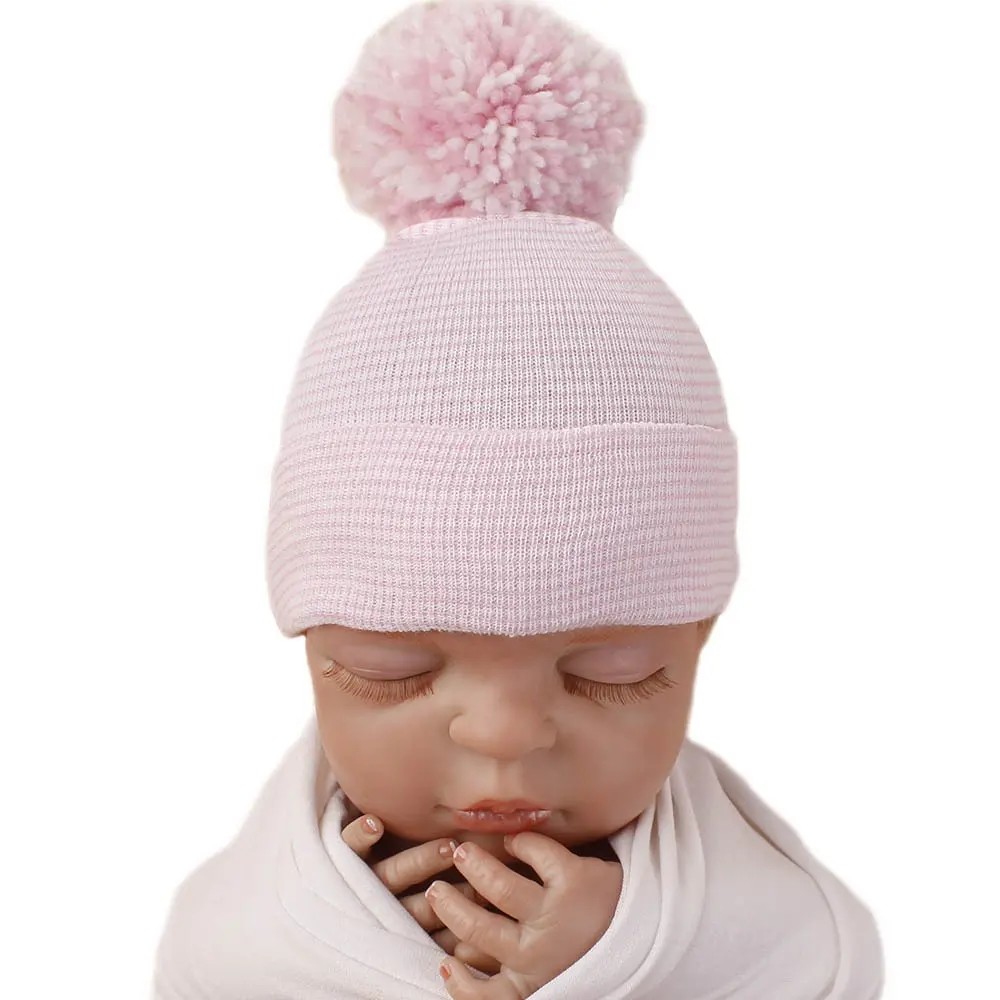 Autumn and Winter Cute Thread Ball Newborn Hat Double Layer Thickened Striped baby hats Knitted Pullover Baby Hat