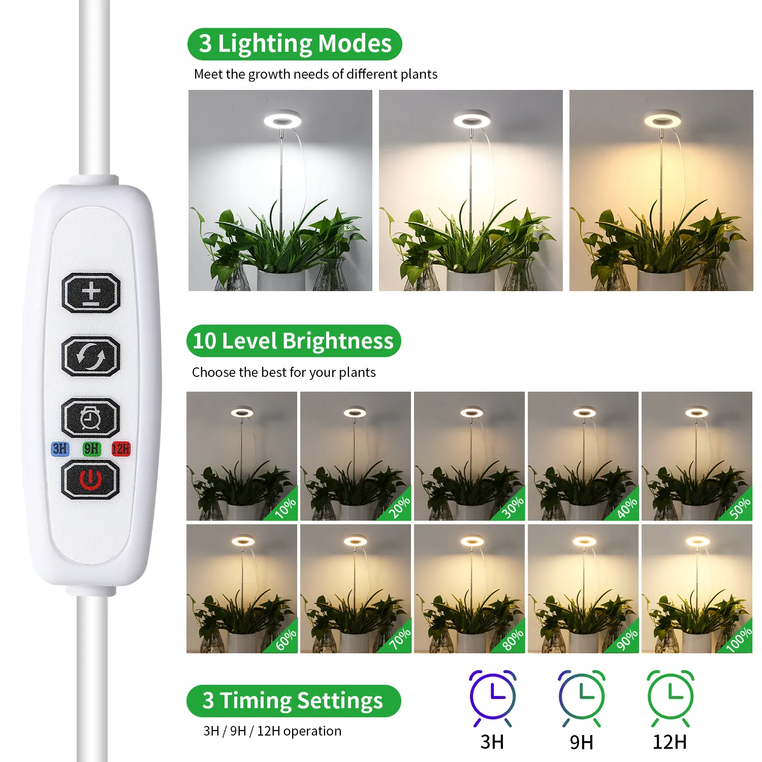 屋内植物用アングルリングLED植物成長ライト、10調光可能、3/9/12Hタイマーウォームライトハローリンググローライト