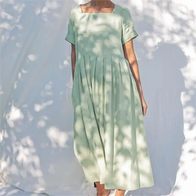 Customize Free Size High Quality Solid Short Sleeve Square Collar Loose Maxi Long Summer Linen Cotton Women's Dress With Pockets
