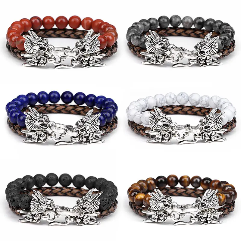 Ensemble de 2 pièces, Bracelet extensible en perles de pierres précieuses, Bracelet tête de Dragon en argent pour homme, Bracelet en cuir pour Couple, bijoux en pierre de lave noire