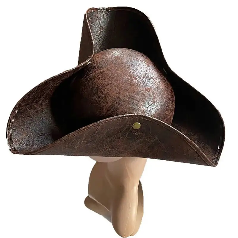 Cappello Unisex da Tricorne pirata marrone per adulti Tri-angolo in finta pelle capitano cow-cappello da palcoscenico