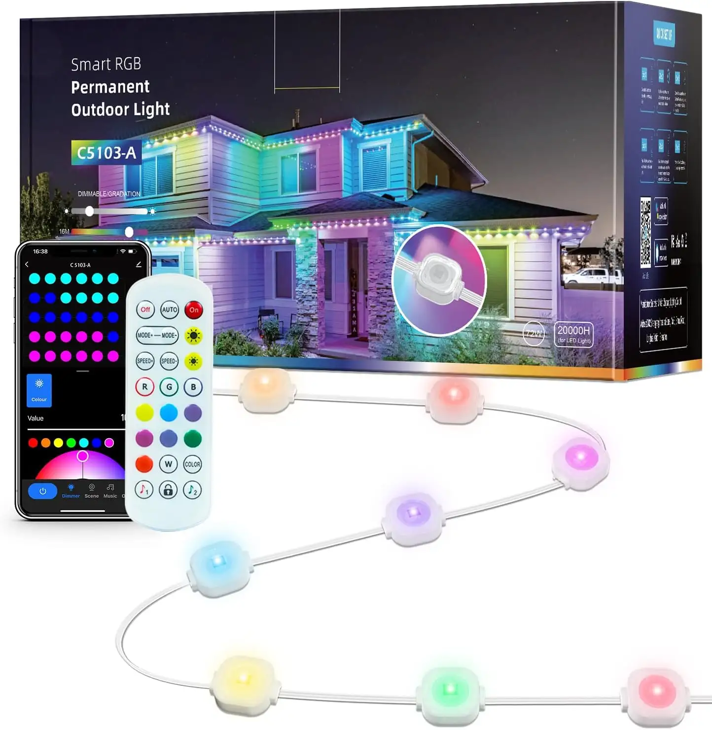 72 Led High Quality Smart Wifi Bluetooth Rgb Music Rhythm Christmas Permanent Outdoor Lights for House Eave Holiday