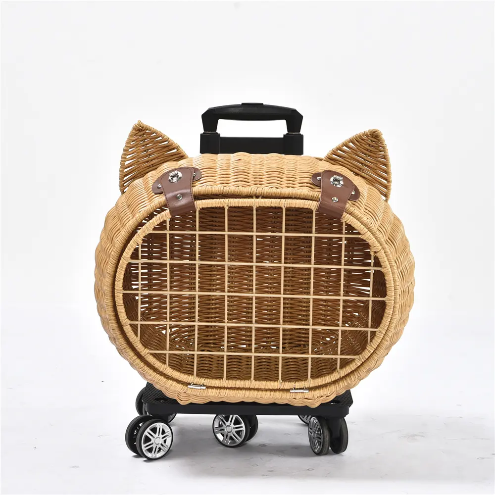 Sac de transport de luxe pour chien et chat, valise de transport en rotin et osier sur roues, poussette, chariot, chat