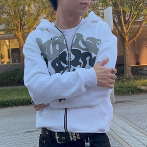 街头嘻哈女孩印花黑色拉链领连帽运动衫原宿夹克毛衣全拉链带角连帽
