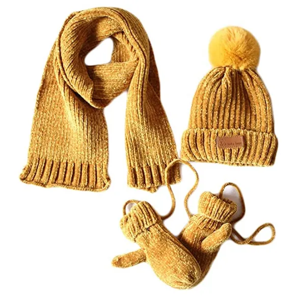 Bonnet à revers taille unique, mignon et moelleux à pompon, patch en faux cuir, décor à l'avant, gants chauds, ensemble de chapeaux et d'écharpes pour enfants