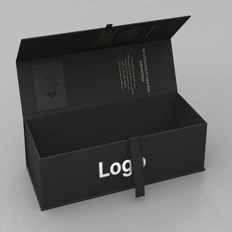 Caja de regalo de lujo plegable de embalaje de botella de vino individual negra personalizada para vino tinto champán