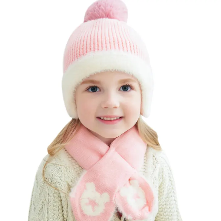 Baby Girls Strick mütze und Schal Set Winter Fleece Skifahren Winter mützen mit warmer Ohren klappe