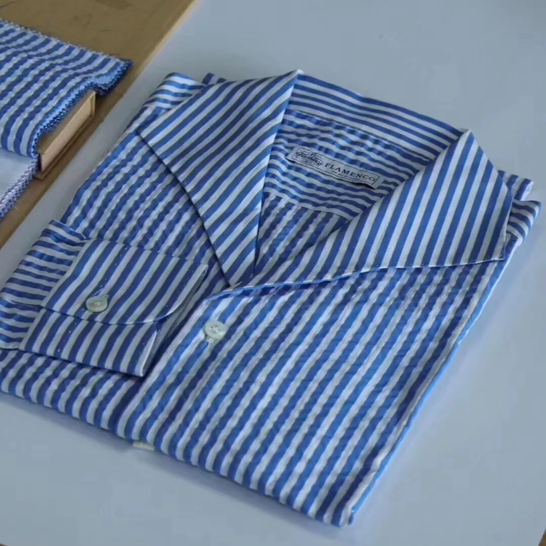 Seersucker-camisas informales de manga larga para hombre, camisas de algodón hechas a medida
