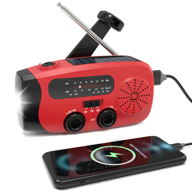 MEDING-Radio portable à manivelle d'urgence avec lampe de poche LED, chargeur de téléphone, batterie externe solaire 2000mAh