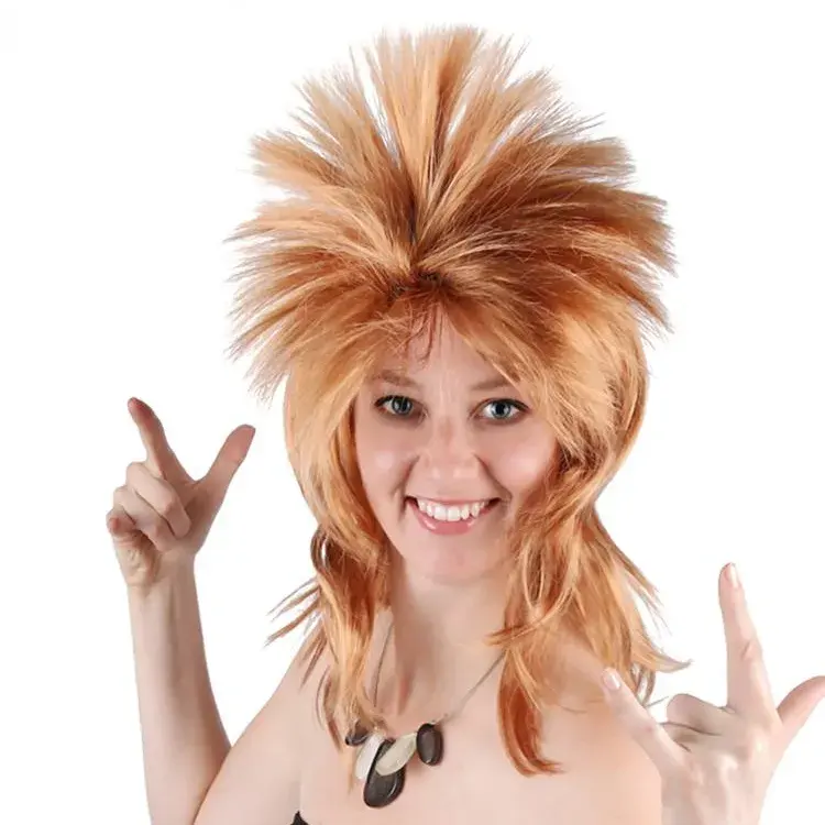 Costumi di Halloween parrucca maschile Punk Heavy Metal Mullet marrone ricci lunghi capelli lisci parrucca