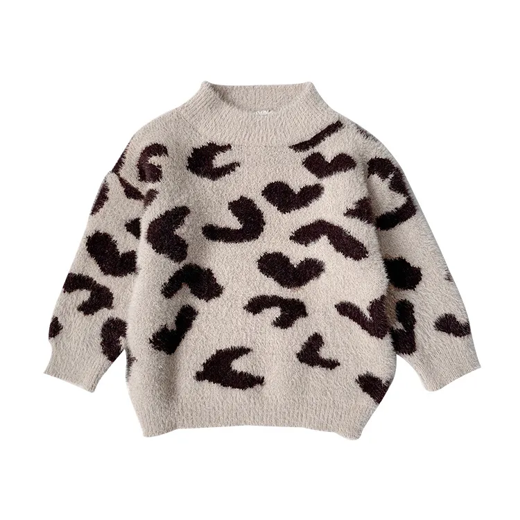 Ivy10459A-suéter de leopardo para niños, jersey con diseño de volantes, ropa de boutique tejida para niños