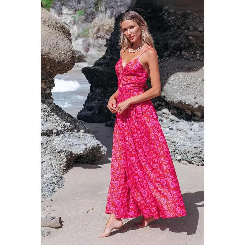 Precio de venta estampado floral anudado cuello pico correa suelta vestido de noche Maxi vestido